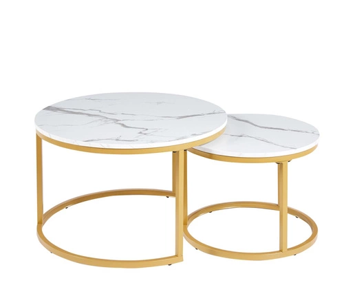 Sada 2 kulatých konferenčních stolků Bennett bílý mramor zlatý moderní glamour do obýváku