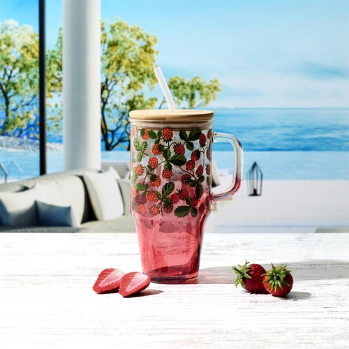 Skleněný hrnek Soleo 650 ml s víčkem a brčkem na letní nápoje rustikální červený Intesi