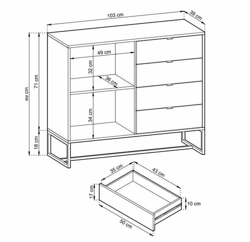 Industriální komoda Dori dub se zásuvkami 103 cm do obývacího pokoje a ložnice Intesi