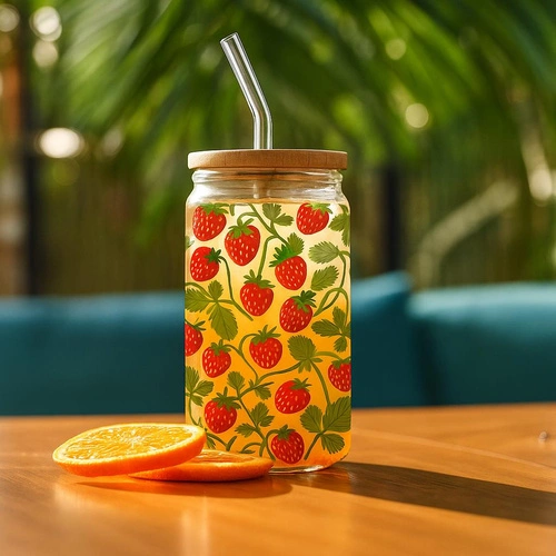 Sklenice na nápoj s víčkem a brčkem Soleo 530 ml jahody Intesi – letní design