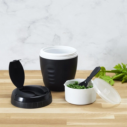 Lunchbox Travel Intesi kulatý černý těsný box na oběd s lžící do práce i školy