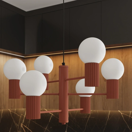 Moderní lustr HALO 6 okrově červený do obýváku a jídelny hliník 64 cm