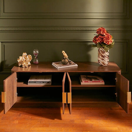 Dřevěný TV stolek Wany 140 cm japandi ořech, frézovaný, stojící do obýváku Atmosphera