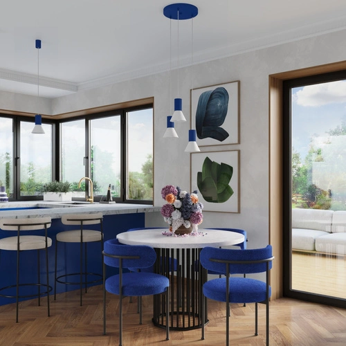 Závěsné loftové svítidlo ESTRIA 1 bílé a ultramarínové do kuchyně a jídelny 120 cm