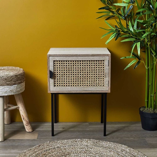 Noční stolek s ratanovými dvířky 40 cm přírodní boho industriální