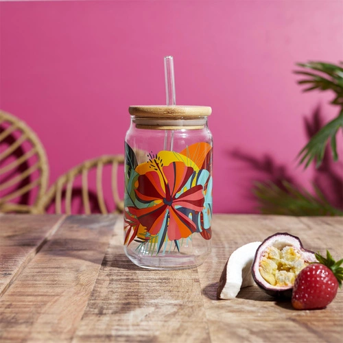 Sklenice Exotic Paradise Intesi 450 ml s víčkem a brčkem na nápoje multicolor