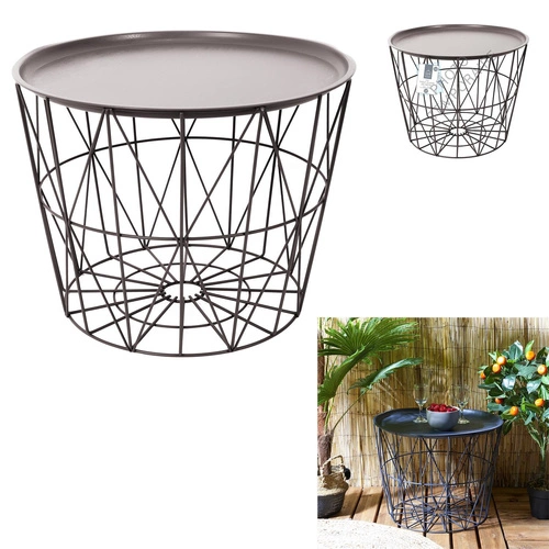 Kulatý konferenční stolek Awinion tmavě béžový kovový s úložným prostorem loftový do obýváku 52,5 cm