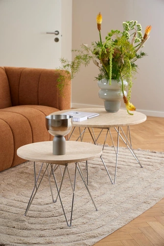 Kulatý konferenční stolek Prunus 80 cm travertin glamour chrom moderní do obýváku