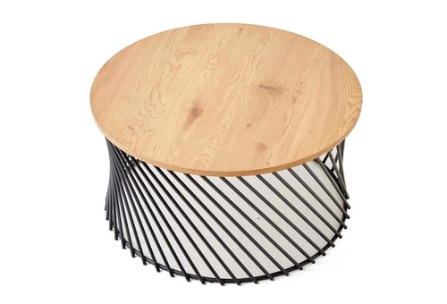 Konferenční stolek Rewal kulatý 80 cm dub zlatý černý loftový do obýváku moderní