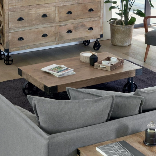 Konferenční stolek Silas mango obdélníkový loftový dřevěný na kolečkách do obýváku 117 cm Atmosphera