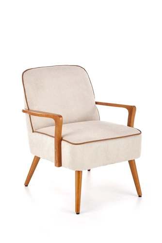 Odpočinkové křeslo Grejs béžové skandinávské do obýváku z látky na dřevěných nohách