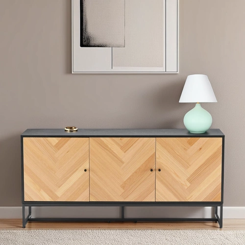 Komoda Clar 160 cm moderní dub a černá s čely v rybí kosti na kovových nohách do obýváku