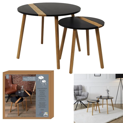 Sada 2 kulatých konferenčních stolků Paraiba černý bambus skandinávský do obýváku 2v1