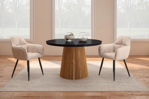 Rozkládací kulatý jídelní stůl Kyoto 120–200 cm černý mramor/dub moderní