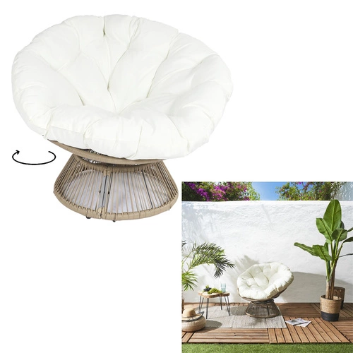 Relaxační otočné křeslo Nucan do obýváku a na terasu boho ratanové s polštářem bílé