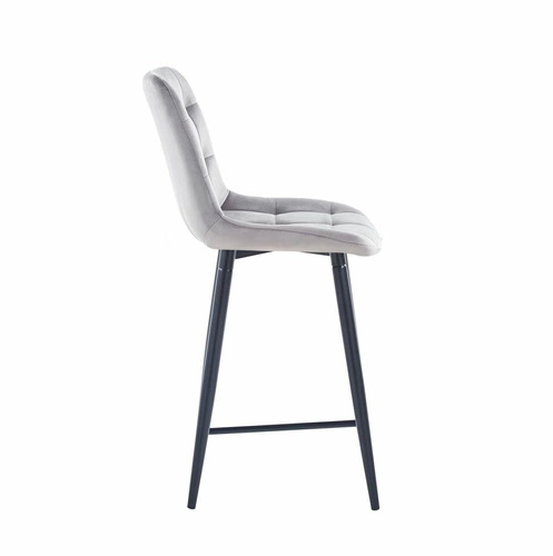 Barová židle Poly Low šedá sametová s opěrkou moderní prošívaná na černých nohách 61 cm