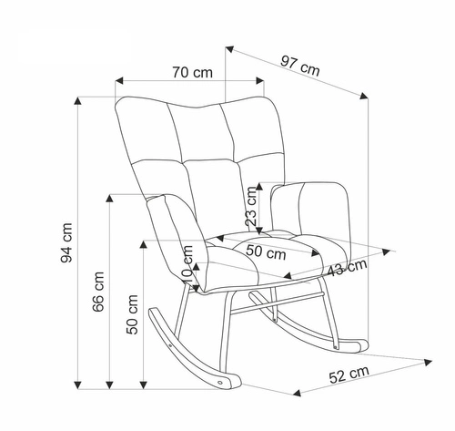 Šedé skandinávské houpací křeslo do obýváku, čalouněné, prošívané s područkami