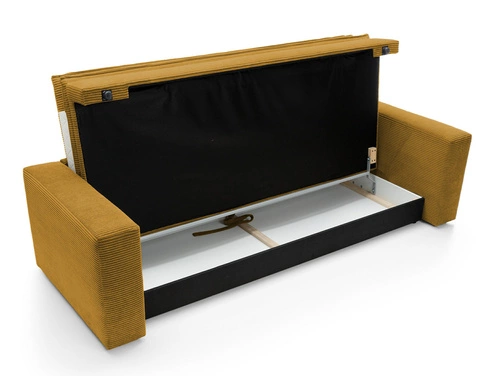 Rozkládací pohovka Ulnes 3-místná žlutá manšestrová do obýváku s úložným prostorem na spaní