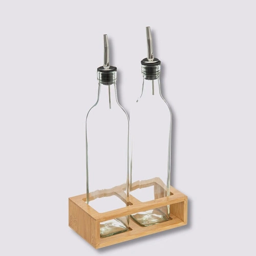 Sada 2 skleněných lahví na olej a ocet 0,48 l s bambusovým stojánkem 5five