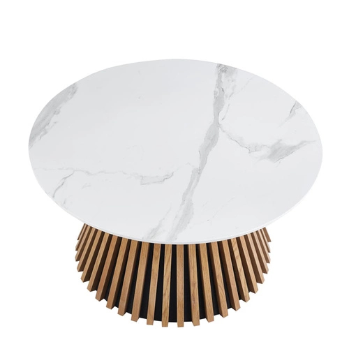 Konferenční stolek Kyoto kulatý 80 cm bílý mramor dub moderní do obýváku skandinávský Intesi