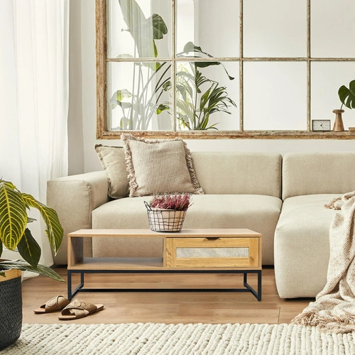 Konferenční stolek Capri obdélníkový boho s ratanovým čelem a zásuvkou do obývacího pokoje 120x60 cm