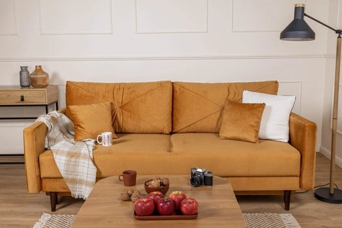 Rozkládací pohovka se spací funkcí Saxo dvoumístná do obýváku moderní žlutá s úložným prostorem