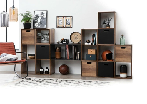Industriální hnědá knihovna Kali, 3 police, modulární, 100 cm, do obýváku a kanceláře