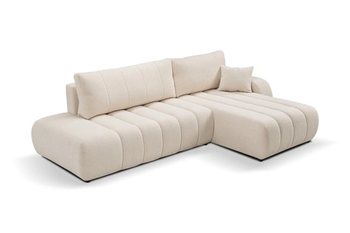 Moderní rohová rozkládací sedačka Hobro pravá béžová do obýváku s úložným prostorem