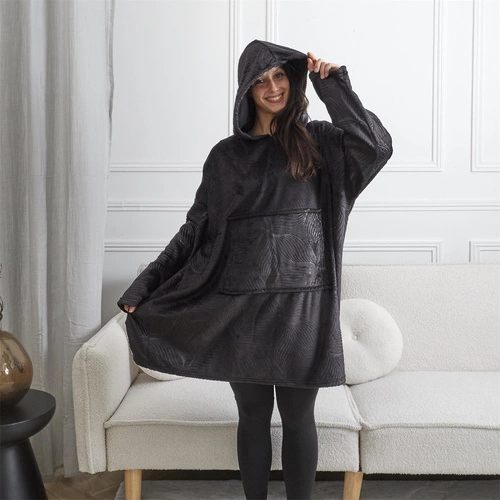 Intesi Snuddie černá plyšová mikinová deka s kapucí, teplá deka na pohovku