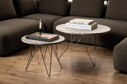 Konferenční stolek Prunus kulatý mramorový 55 cm šedý/chrom moderní do obýváku Actona