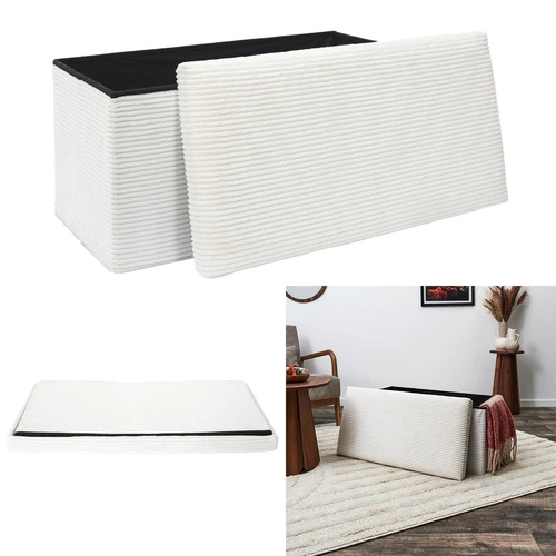 Skládací bílý manšestrový taburet Medford s úložným prostorem obdélníkový do předsíně a ložnice