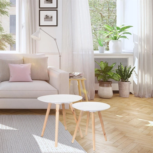 Sada 2 kulatých konferenčních stolků Intesi bílá/přírodní skandinávský dřevěný 2v1 do obýváku