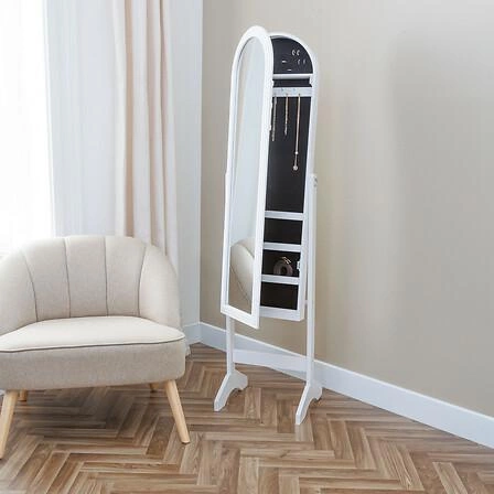 Stojací zrcadlo Emily bílé s organizérem na šperky do ložnice 145 cm Atmosphera