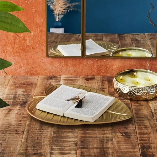 Dekorační podnos list Intesi zlatý moderní do obýváku glamour 30 cm MDF