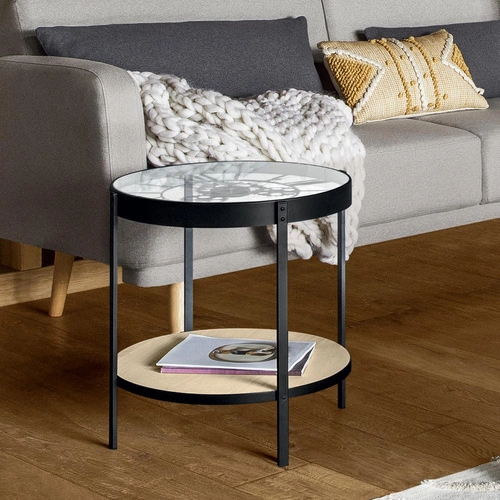 Industriální kulatý konferenční stolek Meca 50 cm černý skleněný se zabudovanými hodinami do obývacího pokoje