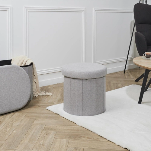 Šedý skládací taburet Olaf s úložným prostorem, kulatý do předsíně a obýváku, 38 cm