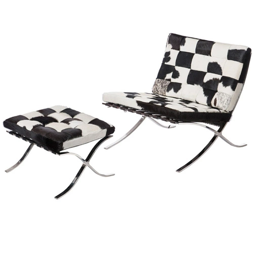 Odpočinkové křeslo BA1 z pravé kůže s podnožkou inspirované Barcelona do obýváku