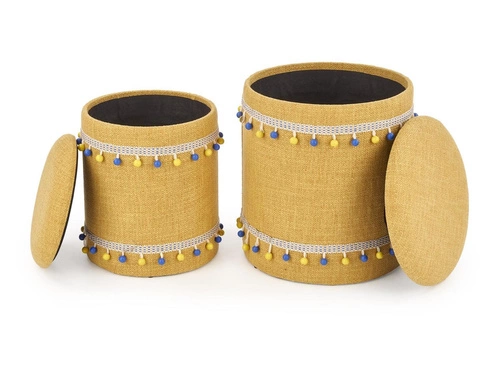 Sada 2 žlutých kulatých taburetů se úložným prostorem do obýváku a dětského pokoje Intesi