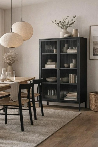 Vitrína Bronco černá kovová loftová do obýváku na alkohol 140 cm