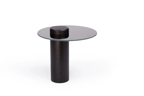 Kulatý konferenční stolek TYK 500 NORDIFRA do obýváku, moderní dubový s černým zrcadlem, 50 cm