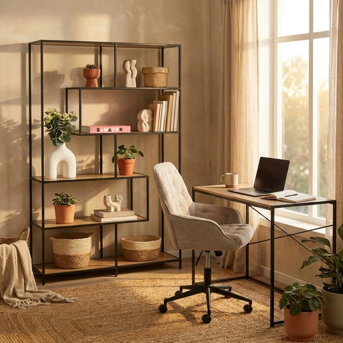 Knihovna do obýváku Seaford 4 loft dubová s kovem 114 cm Intesi