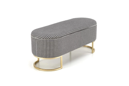 Čalouněná lavice Edessa s úložným prostorem do předsíně v pepitovém vzoru glamour na zlatých nohách