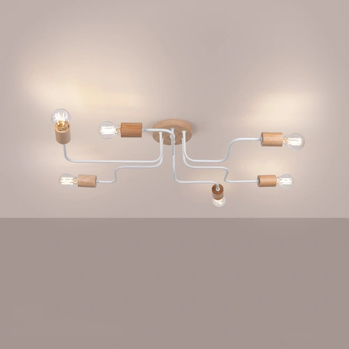 Loftový lustr TIMBO 6 bílý s dřevem moderní stropní svítidlo do obýváku