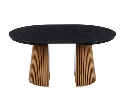 Rozkládací kulatý jídelní stůl Kyoto 120–200 cm černý mramor/dub moderní