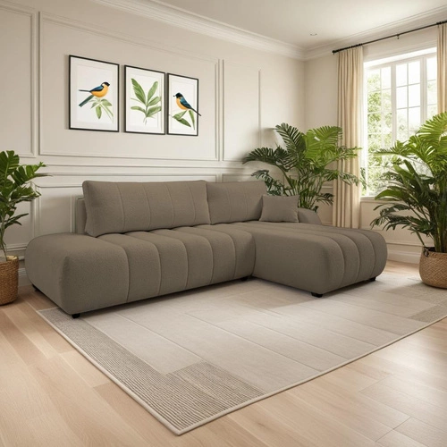 Rohová sedačka s rozkladem na spaní Hobro pravá šedo-hnědá moderní do obýváku s úložným prostorem