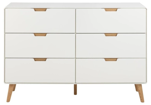 Komoda Lowell bílá se 6 zásuvkami na dubových nohách 135 cm moderní do obýváku