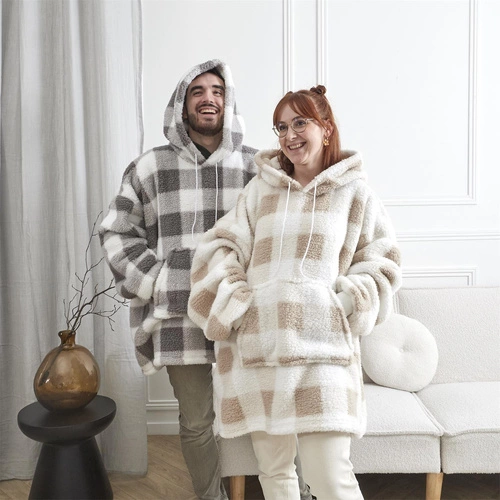 Bluzo deka Intesi snuddie teplá béžová kostkovaná s kapucí na pohovku 128 cm