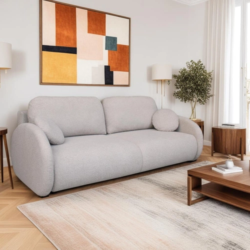 Rozkládací pohovka Andi s úložným prostorem a funkcí spaní skandinávská písková do obýváku