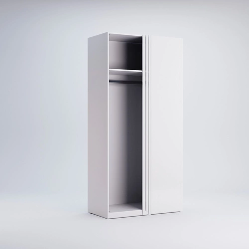 Rohová šatní skříň Flory bílý lesk moderní posuvná s policemi do ložnice