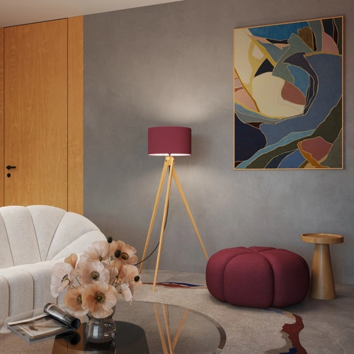 Stojací lampa do obýváku NATT burgund moderní dřevěný trojnožka s textilním stínidlem 140 cm